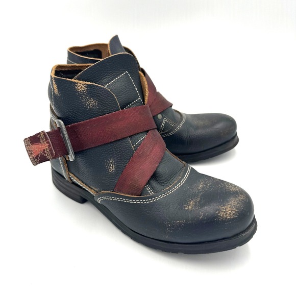 Fly London Shoes - Fly London Women Black Distressed Leather Burgundy Strap Ankle Boots Size 37